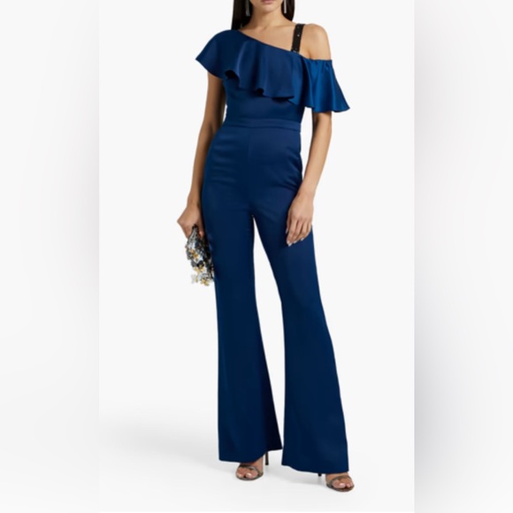 Rachel Zoe Navy Ruffle One-Shoulder Wide Leg Jumpsuit - Picture 1 of 4